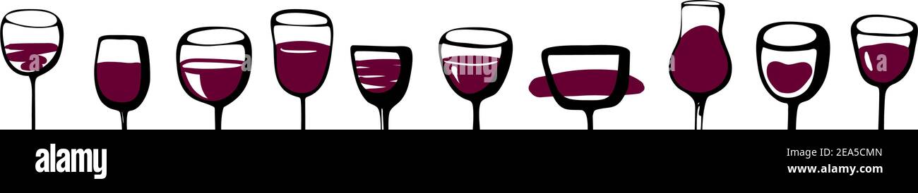 Ensemble de verres à vin bannière - collection de verres à vin aquarelle dessinés et silhouette de verre. Verre dessiné à la main avec vin rouge à l'intérieur, isolé i Illustration de Vecteur