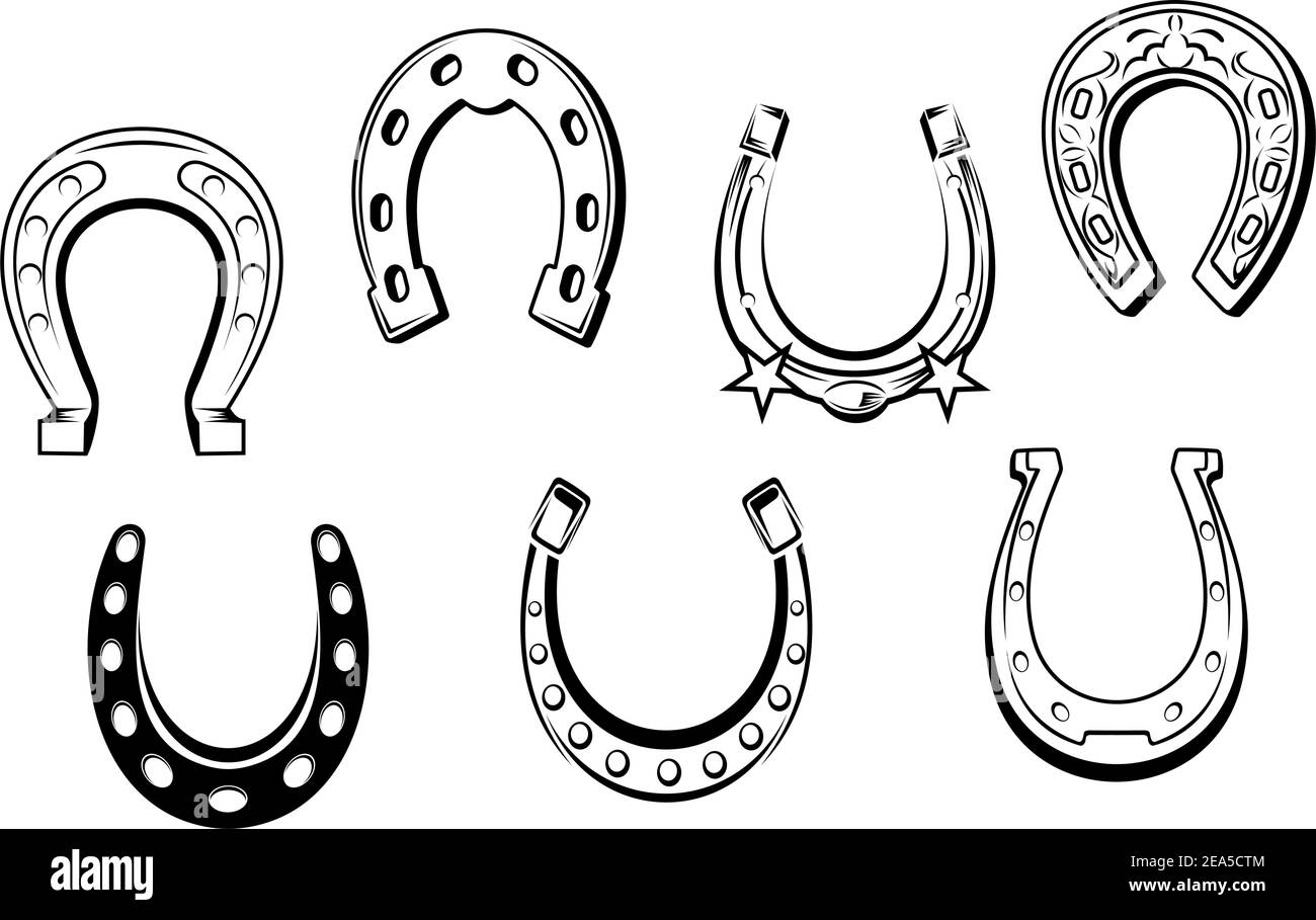 Jeu de fers à cheval en acier chanceux isolés sur fond blanc Illustration de Vecteur