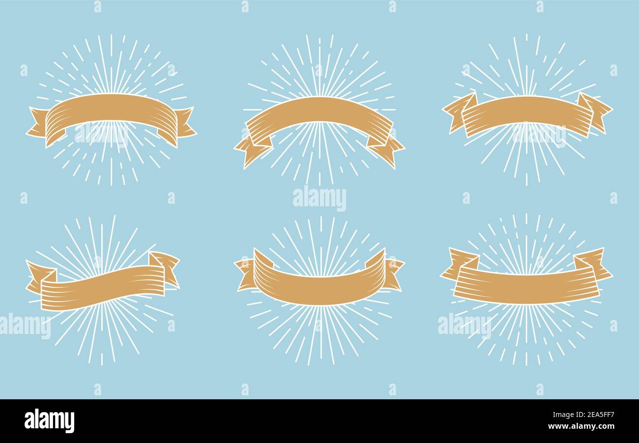 Ruban doré avec contour blanc et rayons du soleil. Style hipster ancien, emblème vierge avec espace pour le texte. Toile de fond rayons de lumière reto. Modèle pour bannière, invitations ou cartes de vœux. Illustration vectorielle Illustration de Vecteur