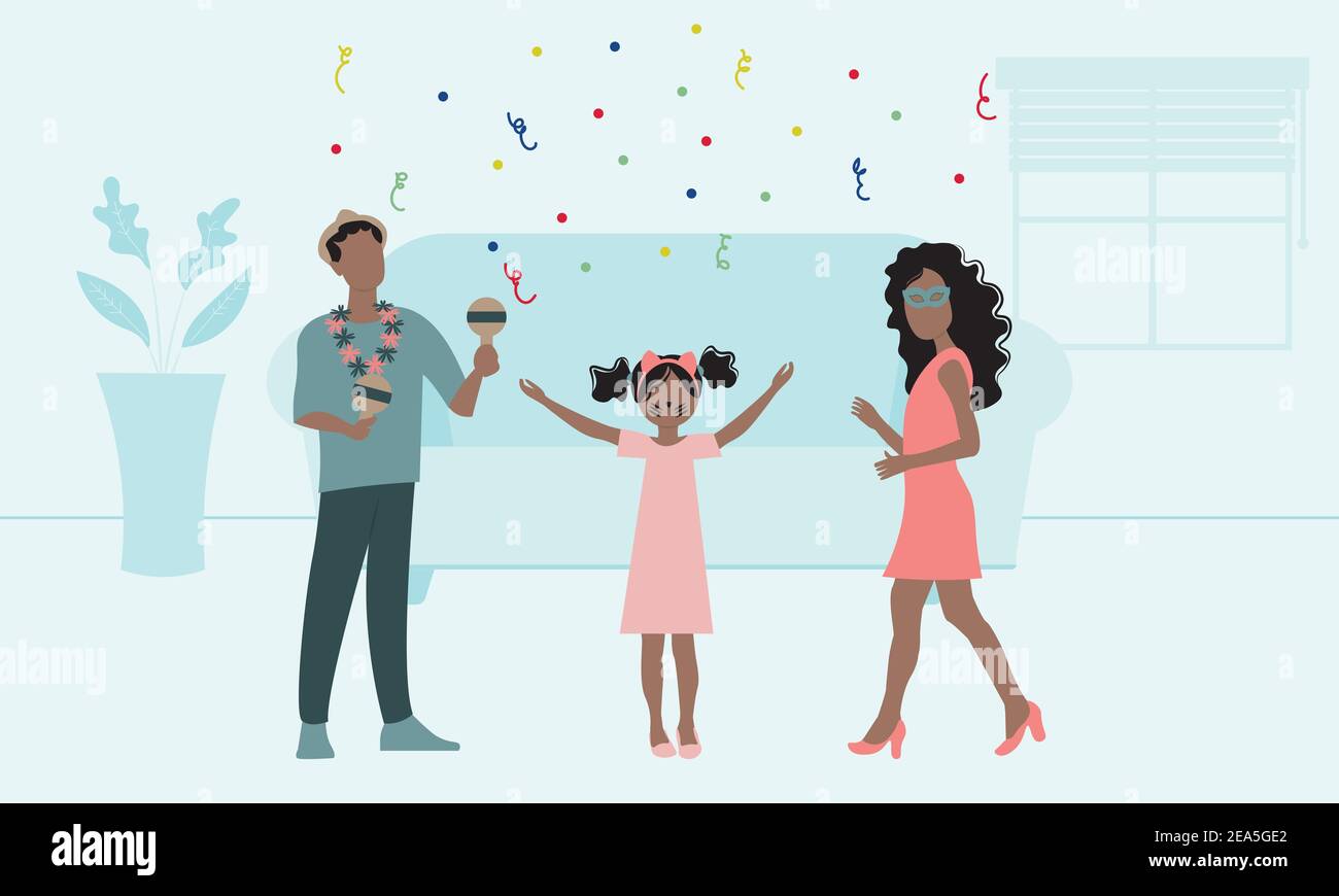 Famille brésilienne célébrant le carnaval à la maison. Carnaval brésilien avec coronavirus. Illustration de Vecteur