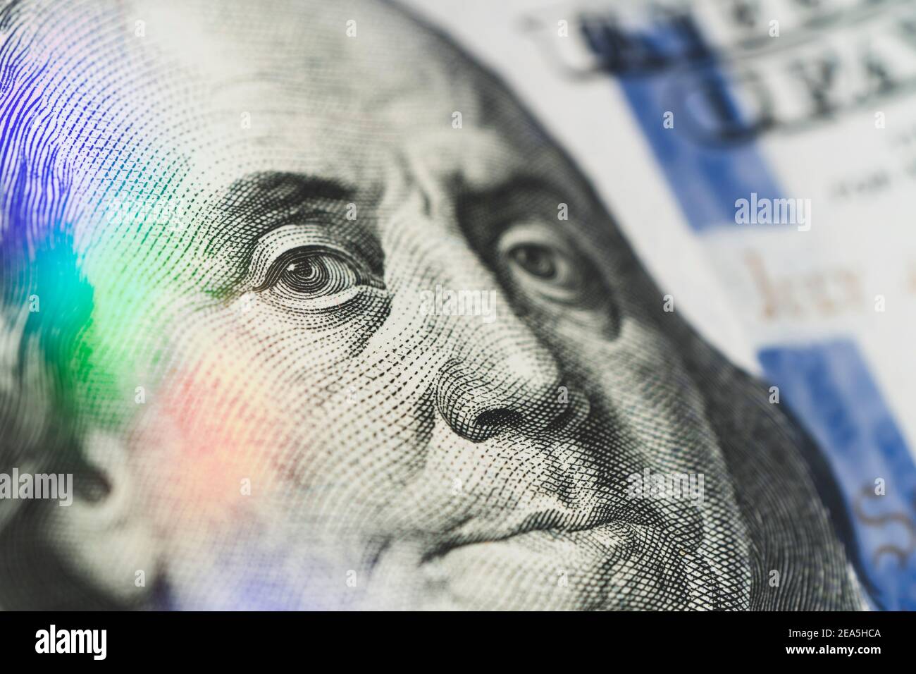 Gros plan sur un portrait de cent Bill Franklin. Concentrez-vous sur les yeux. Banque D'Images