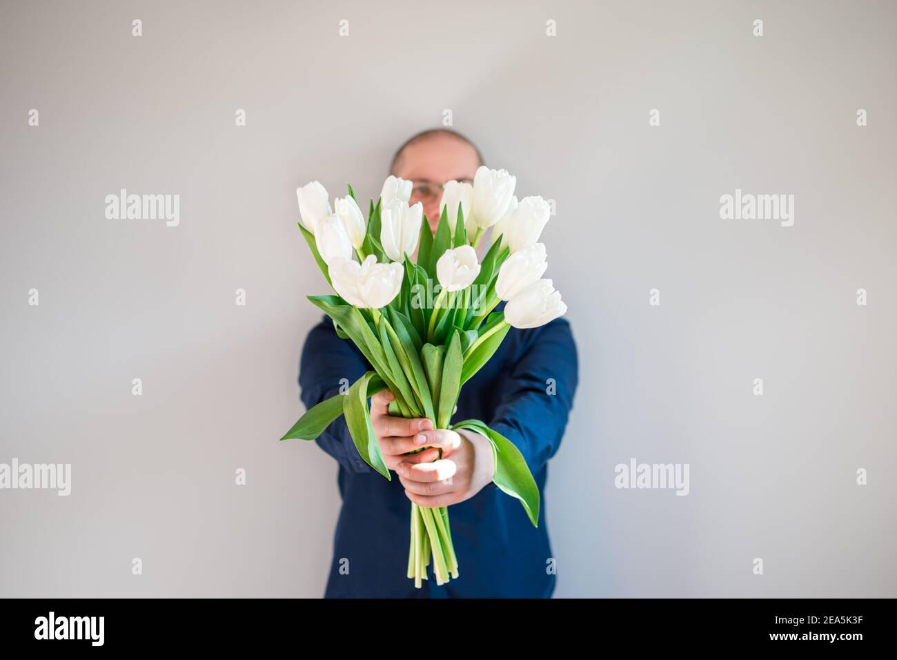 L'homme en chemise bleue est debout avec des tulipes blanches cacher son  visage sur fond gris. Placer pour le texte Photo Stock - Alamy