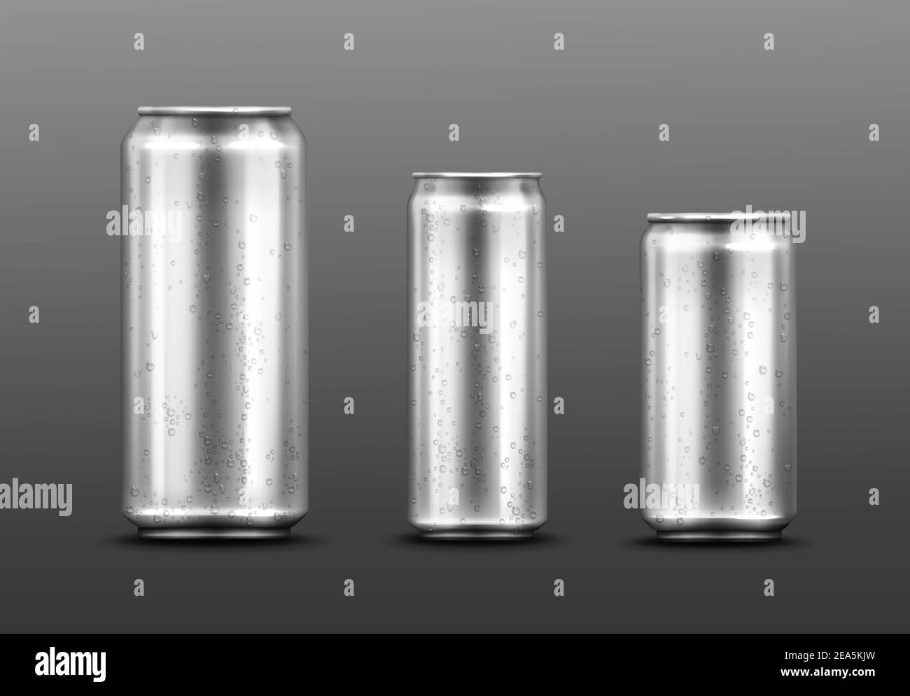Canettes métalliques avec gouttes d'eau, contenant pour boisson gazeuse ou énergétique, limonade ou bière. Modèles de maquette vides argentés isolés avec condensation à froid pour modèle de conception de marque Illustration vectorielle 3d réaliste Illustration de Vecteur