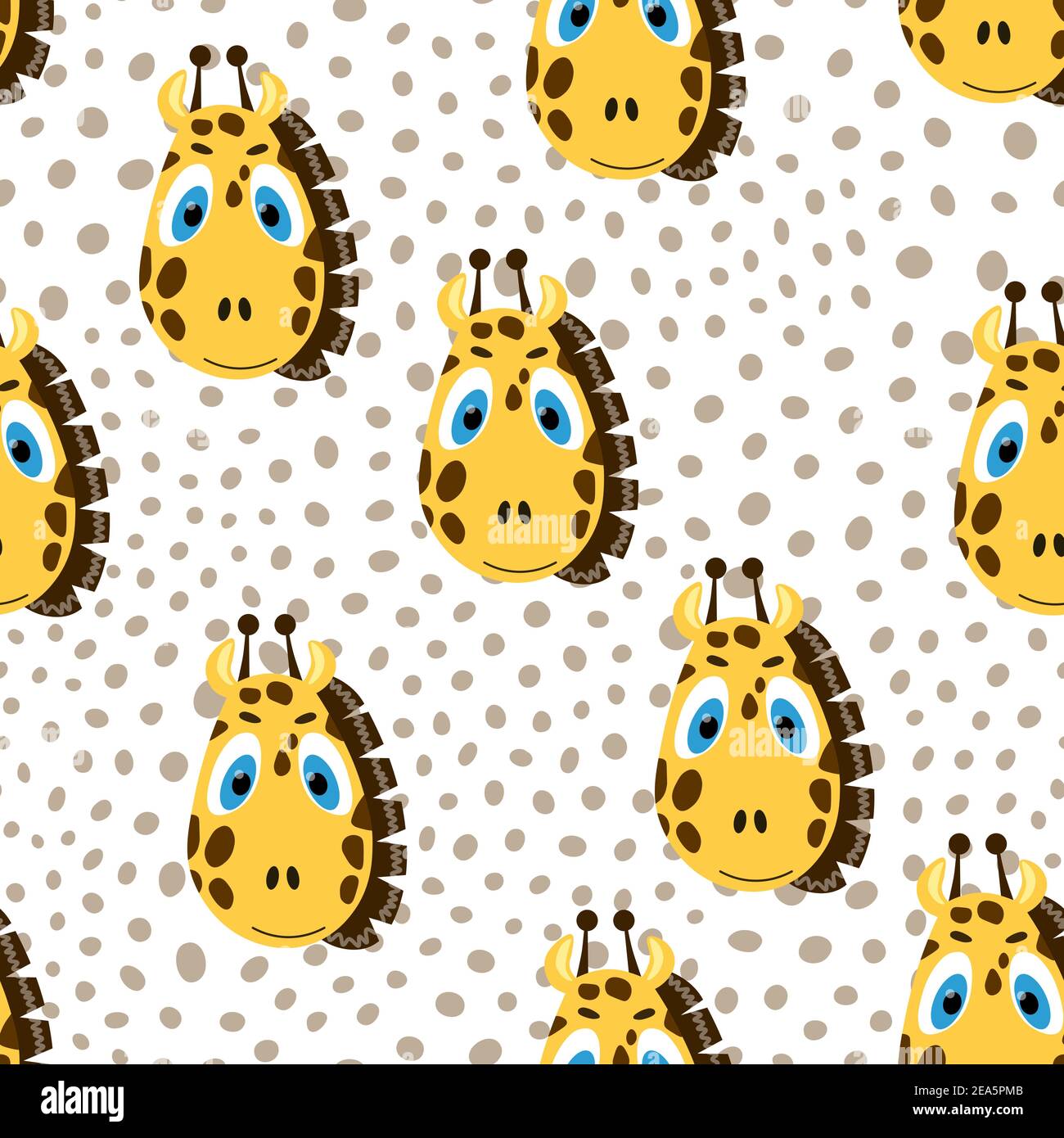 Illustration colorée des animaux plats vectoriels pour les enfants. Motif sans couture avec joli visage girafe sur fond de pois blancs. Adorable personnage de dessin animé Illustration de Vecteur