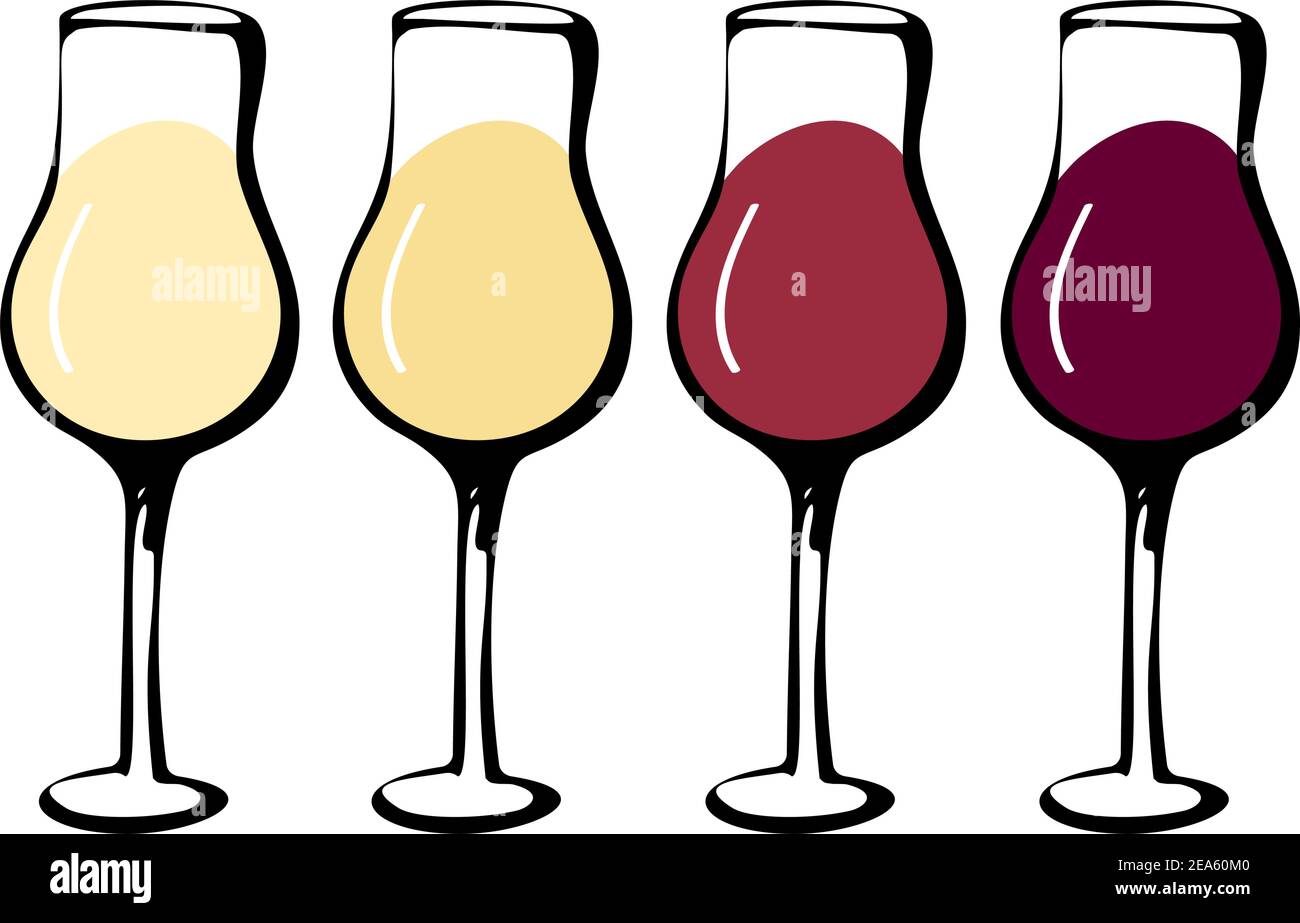 Ensemble de verres à vin - collection de verres à vin et de lunettes de vue dessinés. Verre dessiné à la main avec vin rouge, blanc, orange et rose isolé Illustration de Vecteur