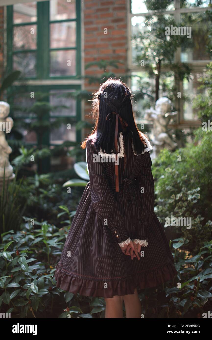 Portrait de fille asiatique avec fond de fleurs violettes Banque D'Images