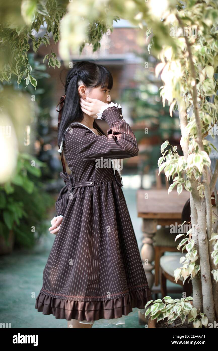 Portrait de fille asiatique avec fond de fleurs violettes Banque D'Images