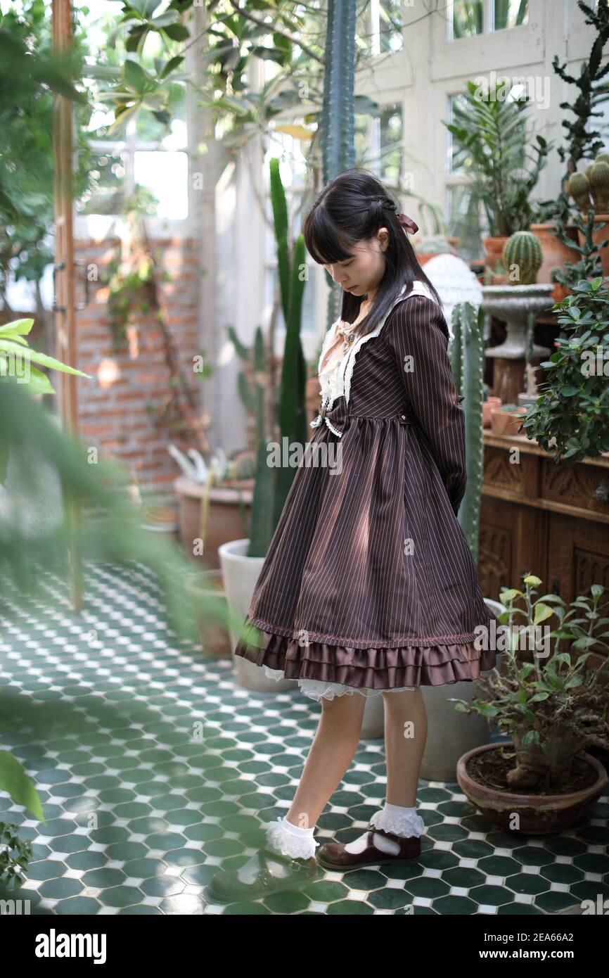 Portrait de fille asiatique avec fond de fleurs violettes Banque D'Images