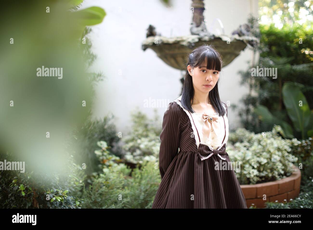 Portrait de fille asiatique avec fond de fleurs violettes Banque D'Images