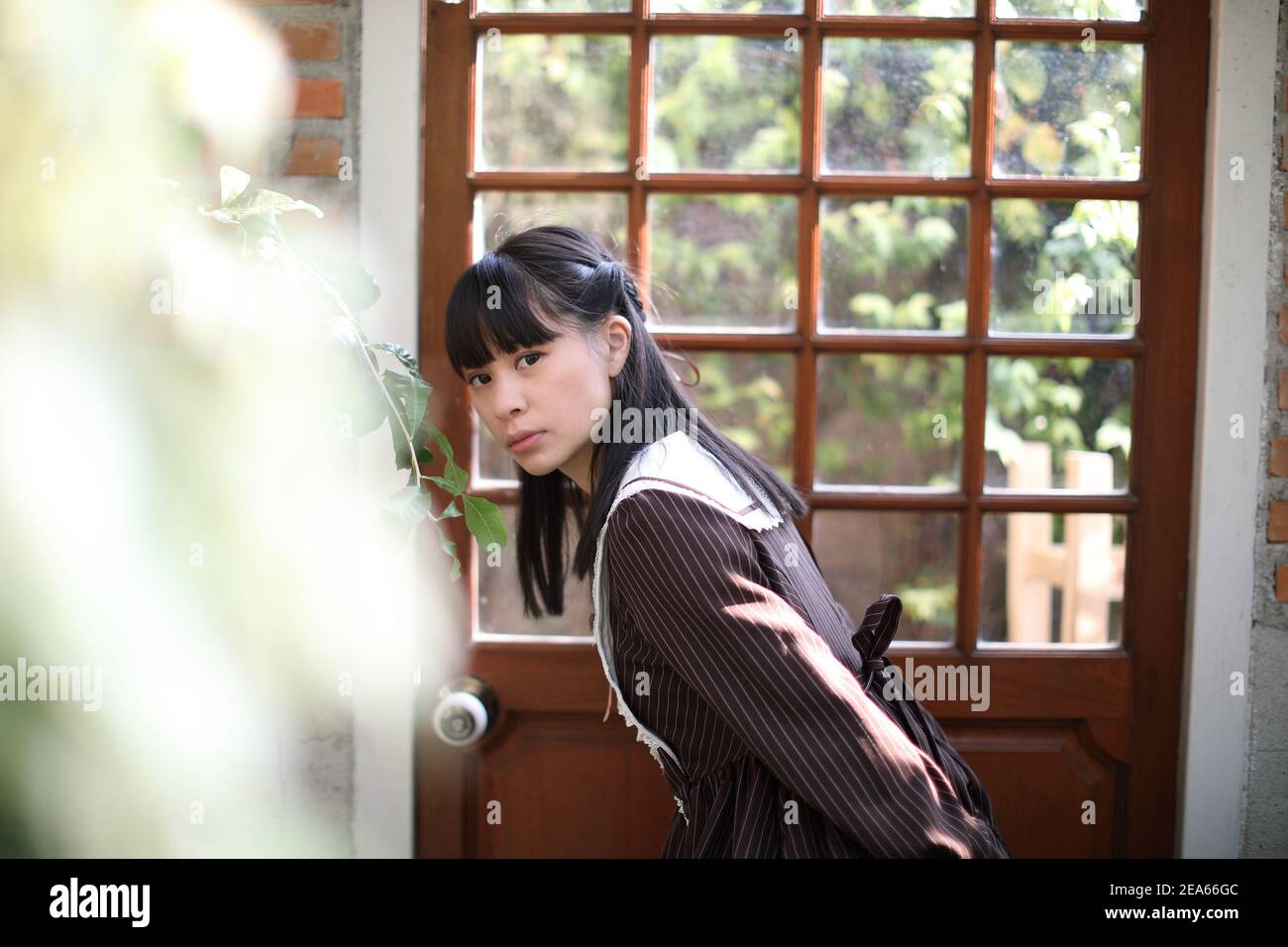 Portrait de fille asiatique avec fond de fleurs violettes Banque D'Images