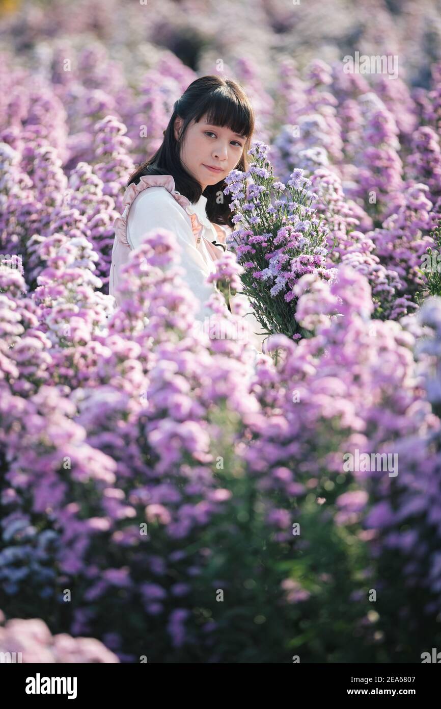 Portrait de fille asiatique avec fond de fleurs violettes Banque D'Images