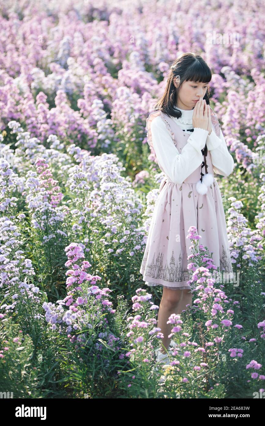 Portrait de fille asiatique avec fond de fleurs violettes Banque D'Images