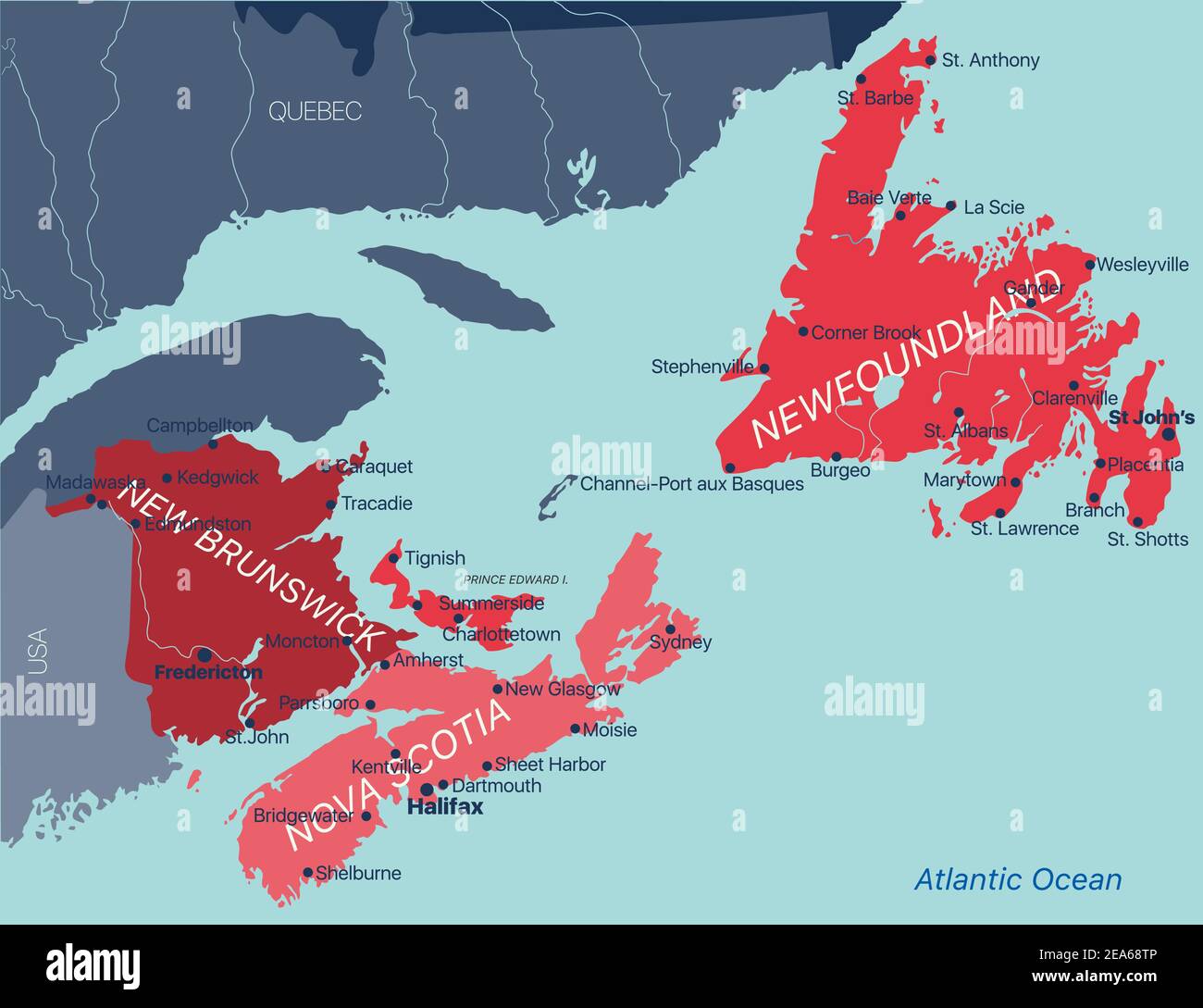 Carte vectorielle en couleur modifiable des provinces de l'Atlantique du Canada Nouveau-Brunswick, Nouvelle-Écosse, Île-du-Prince-Édouard et province de Terre-Neuve avec capitales, Illustration de Vecteur