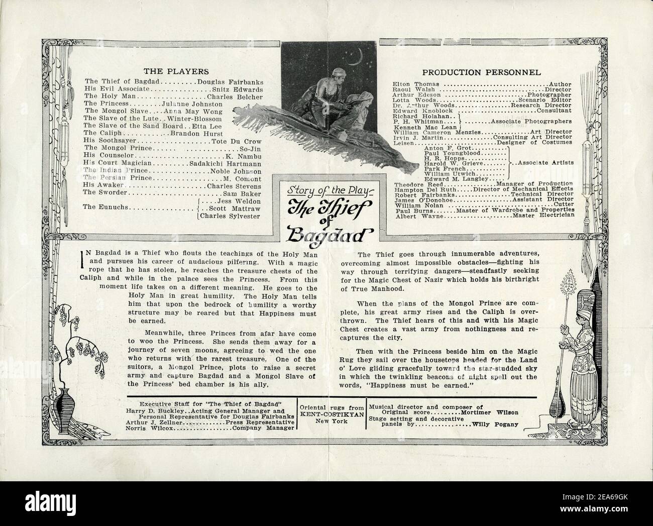 Pages intérieures du New York Premiere Program conçu par WILLIAM CAMERON MENZIES pour DOUGLAS FAIRBANKS Sr dans LE VOLEUR DE BAGDAD 1924 réalisateur RAOUL WALSH Histoire Douglas Fairbanks (Comme Elton Thomas) Conception de production / direction artistique William Cameron Menzies costume de conception Mitchell Leisen Douglas Fairbanks photos / United Artists Banque D'Images