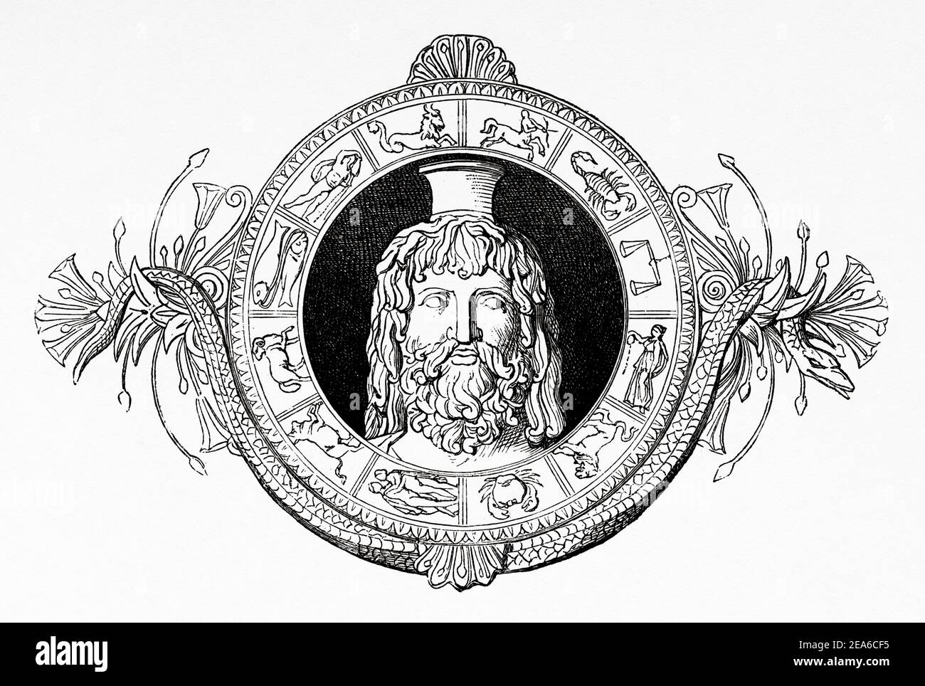 Signes du zodiaque, Histoire ancienne de l'Égypte. Ancienne illustration gravée du XIXe siècle d'El Mundo Ilustrado 1879 Banque D'Images