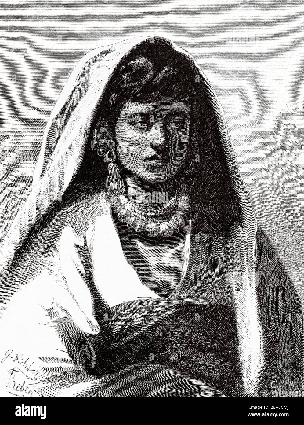 Portrait d'une jeune femme égyptienne du XIXe siècle, Histoire de l'Égypte ancienne. Ancienne illustration gravée du XIXe siècle d'El Mundo Ilustrado 1879 Banque D'Images