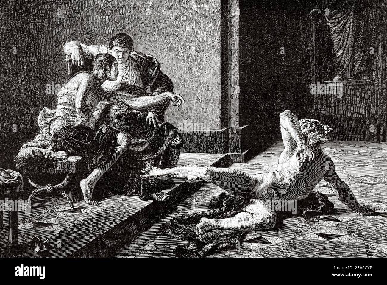 Nero et Locusta. Locusta était un esclave de la Rome antique, empoisonneur dans les services d'Agrippina, mère de Nero, elle a empoisonné Claudius et son fils Tiberio Claudio César Británico. Elle est considérée comme l'une des plus anciennes tueurs en série. Locusta a été condamné à mort par Galba. Histoire ancienne de Rome. Ancienne illustration gravée du XIXe siècle d'El Mundo Ilustrado 1879 Banque D'Images