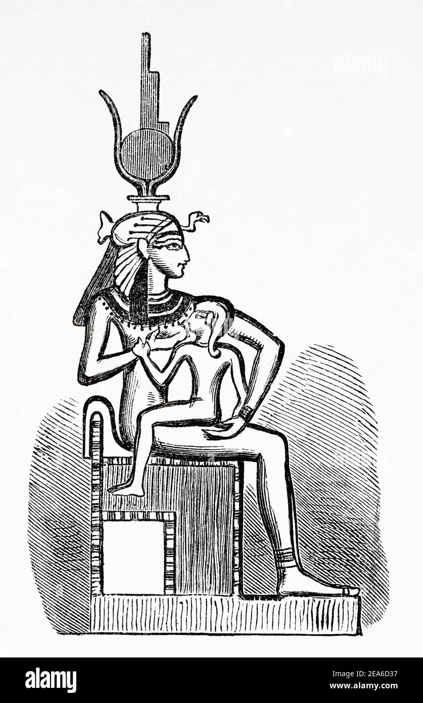 La déesse Egyptienne Isis suce Horus. Histoire de l'Égypte ancienne. Ancienne illustration gravée du XIXe siècle d'El Mundo Ilustrado 1879 Banque D'Images