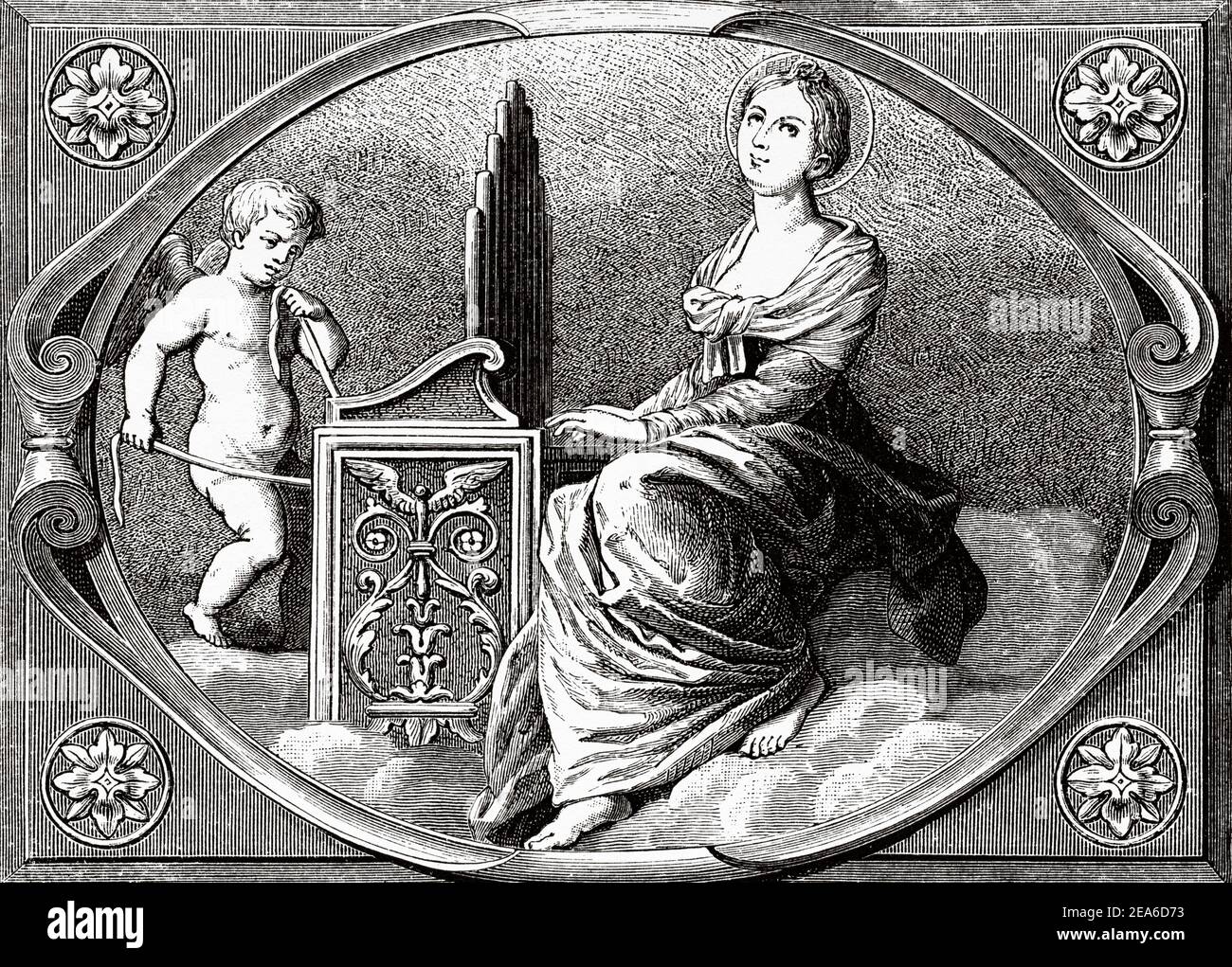 Saint Cecilia à l'orgue. Sancta Caecilia est un martyr romain vénéré dans les églises catholiques, orthodoxes et anglicanes. Patron de musique et musiciens. Ancienne illustration gravée du XIXe siècle d'El Mundo Ilustrado 1879 Banque D'Images