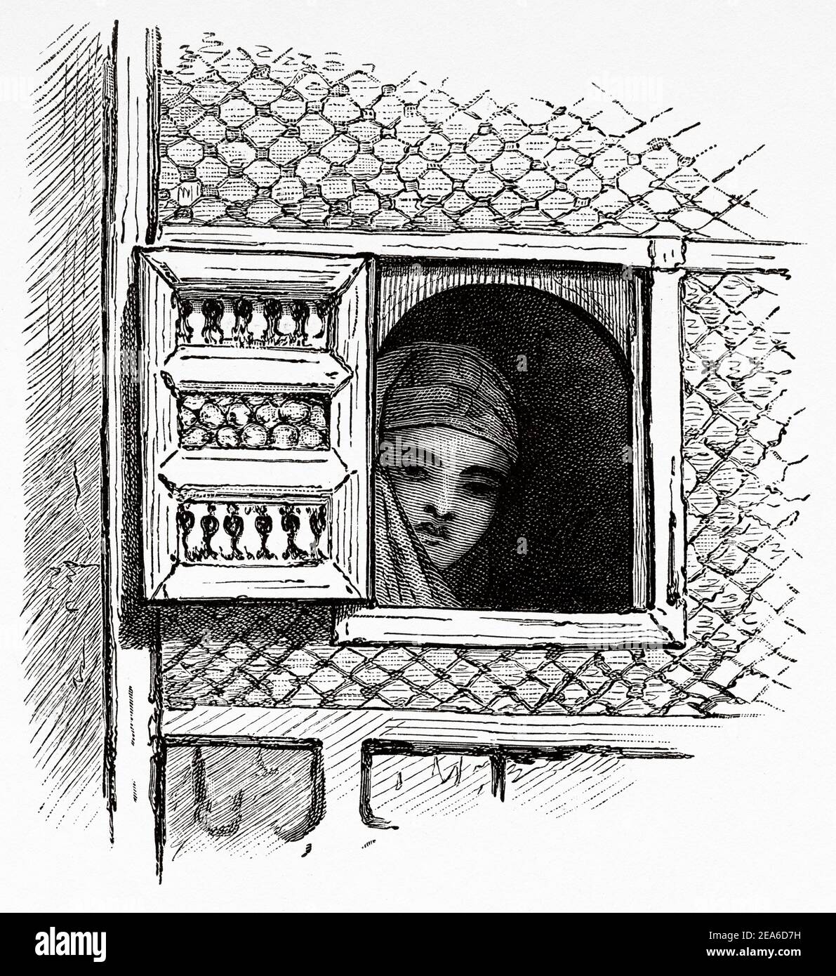 Jeune femme arabe regardant par la fenêtre d'une maison à Alexandrie. Histoire de l'Égypte ancienne. Ancienne illustration gravée du XIXe siècle d'El Mundo Ilustrado 1879 Banque D'Images
