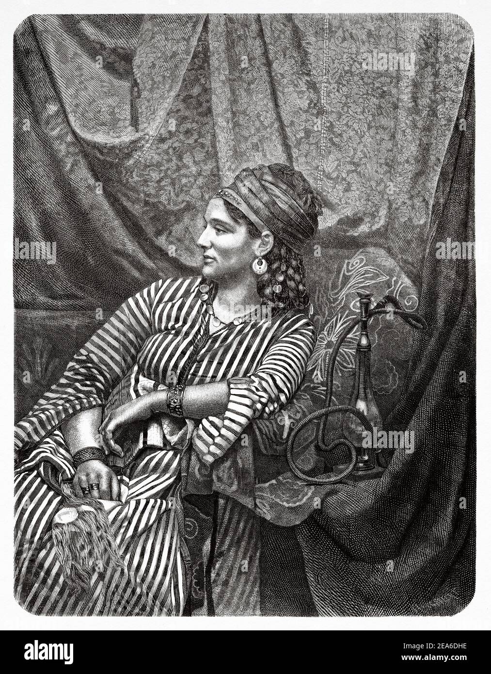 Femme syrienne élégante. Damascene femme vêtue de vêtements traditionnels du XIXe siècle, Syrie. Ancienne illustration gravée du XIXe siècle d'El Mundo Ilustrado 1879 Banque D'Images