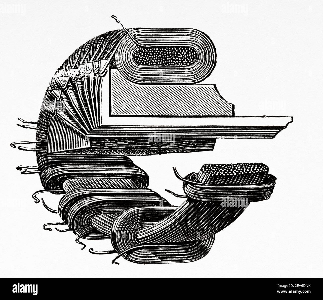 Armature de l'anneau de gramme avec les bobines pénétrant l'intérieur de l'anneau. La machine de Gram par Zénobe Théophile Gram (1826-1901) Ingénieur électrique belge. Dynamo à courant continu Inventions du XIXe siècle. Ancienne illustration gravée du XIXe siècle d'El Mundo Ilustrado 1879 Banque D'Images