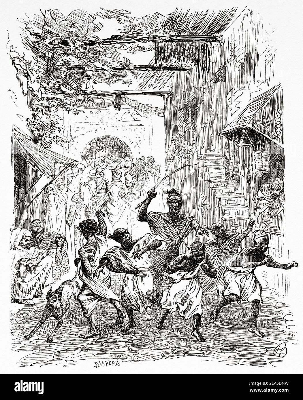 La vie quotidienne dans le souk de Tanger au XIXe siècle, au Maroc, en Afrique du Nord. Ancienne illustration gravée du XIXe siècle d'El Mundo Ilustrado 1879 Banque D'Images