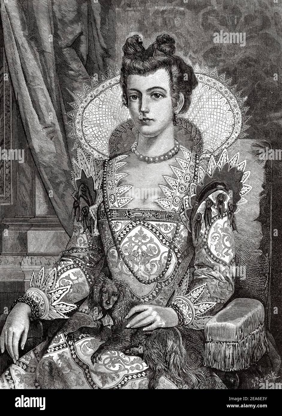 Portrait d'une belle dame vénitienne du XVIe siècle vêtue de vêtements traditionnels luxueux et élégants, Italie. Europe. Ancienne illustration gravée du XIXe siècle d'El Mundo Ilustrado 1879 Banque D'Images