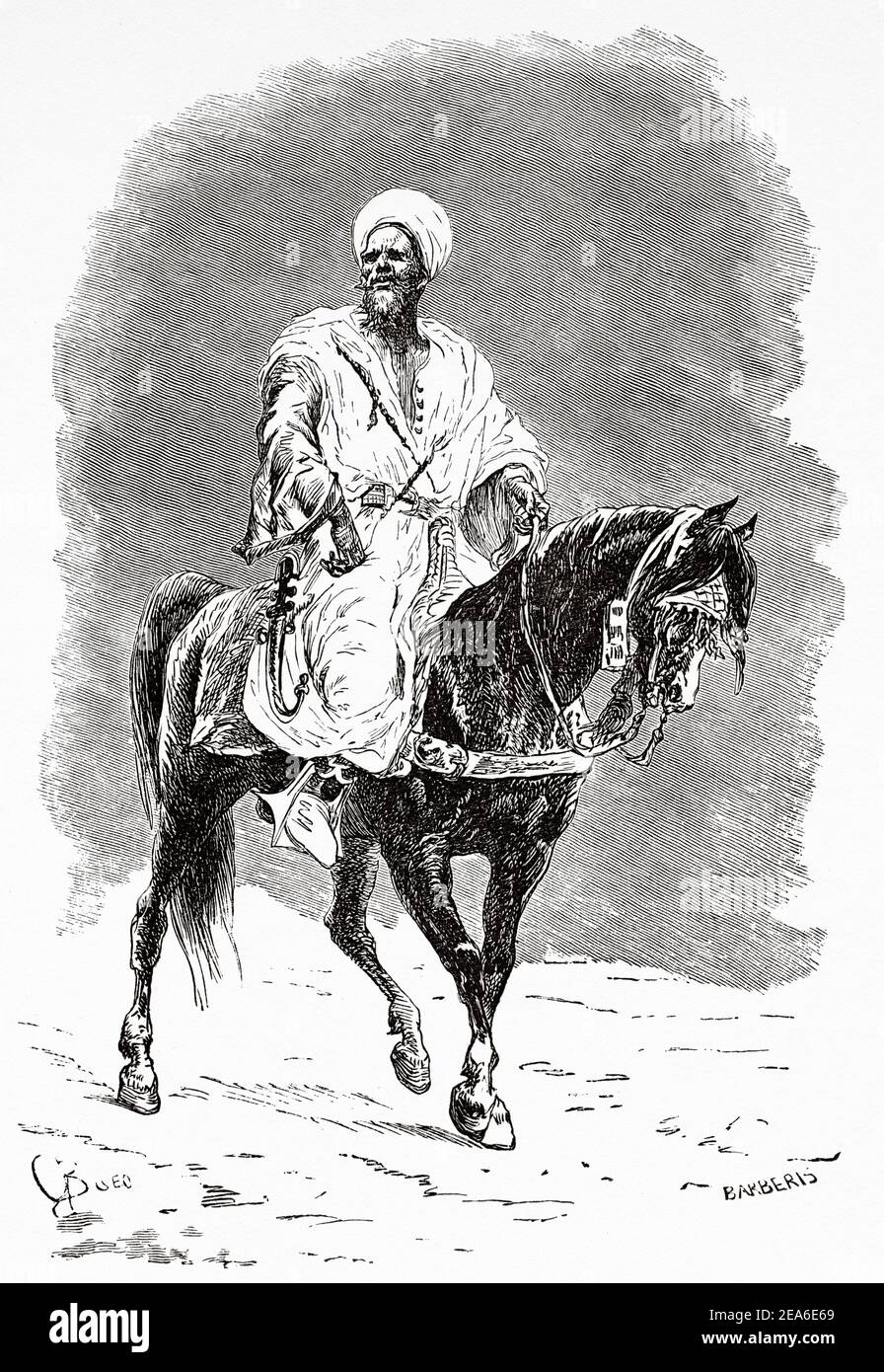 Le gouverneur marocain Fes-Gilali Ben-Amu a monté à cheval, au Maroc, en Afrique du Nord. Ancienne illustration gravée du XIXe siècle d'El Mundo Ilustrado 1879 Banque D'Images
