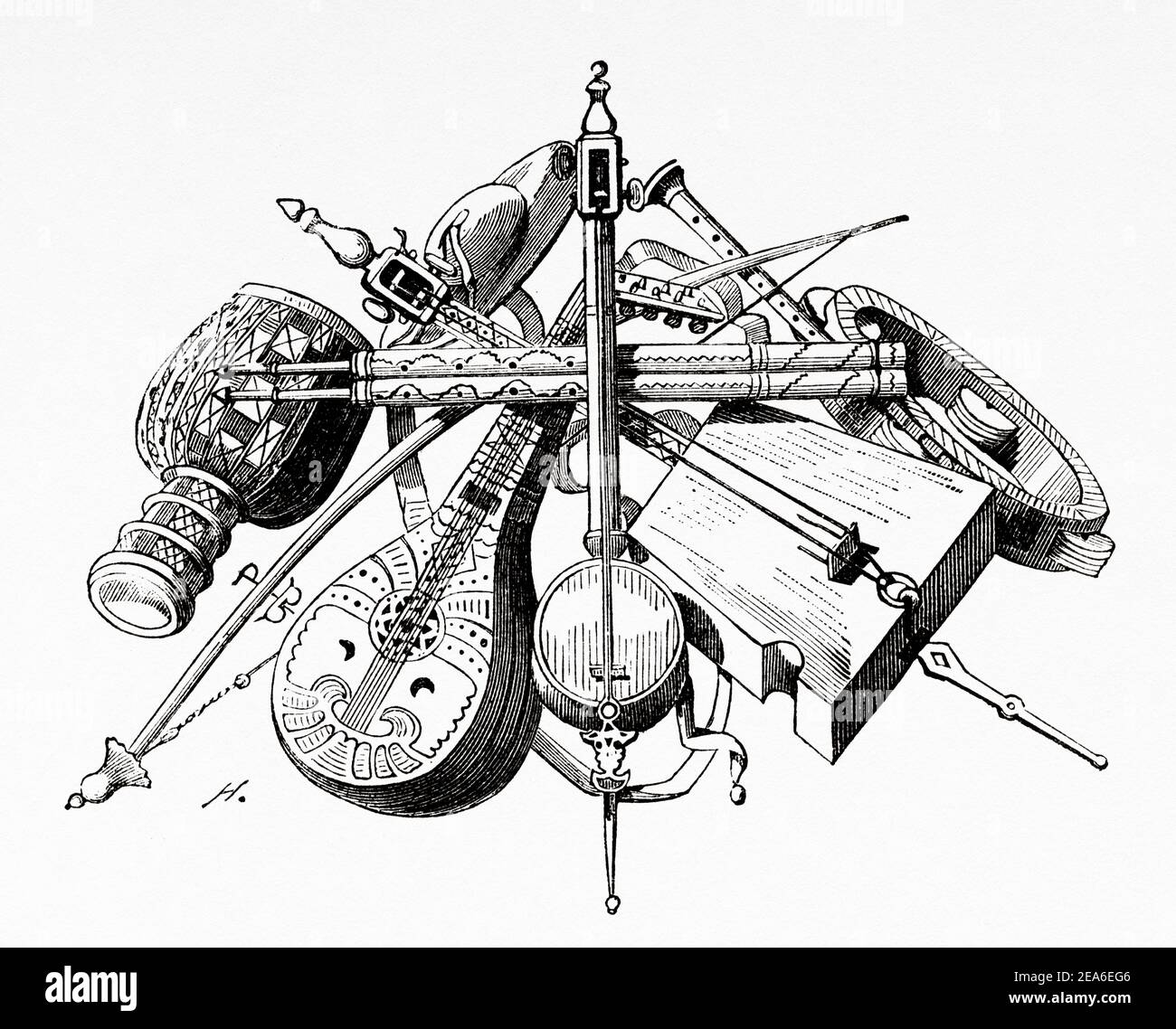 Instruments de musique traditionnels du Maroc, Afrique du Nord. Ancienne illustration gravée du XIXe siècle d'El Mundo Ilustrado 1879 Banque D'Images