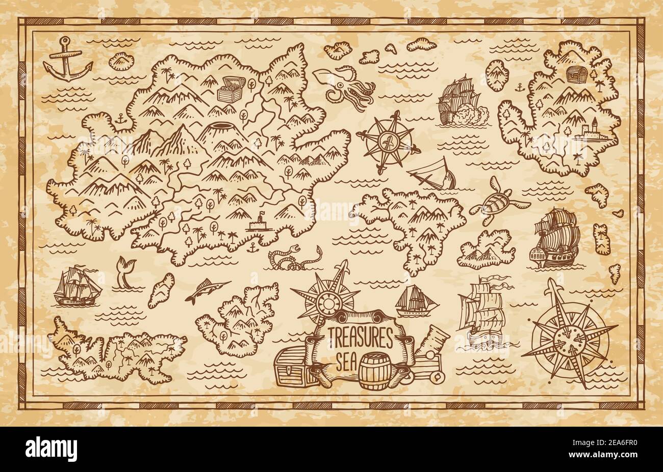 Ancienne carte au Trésor de l'esquisse de vecteur pirate avec les îles ...