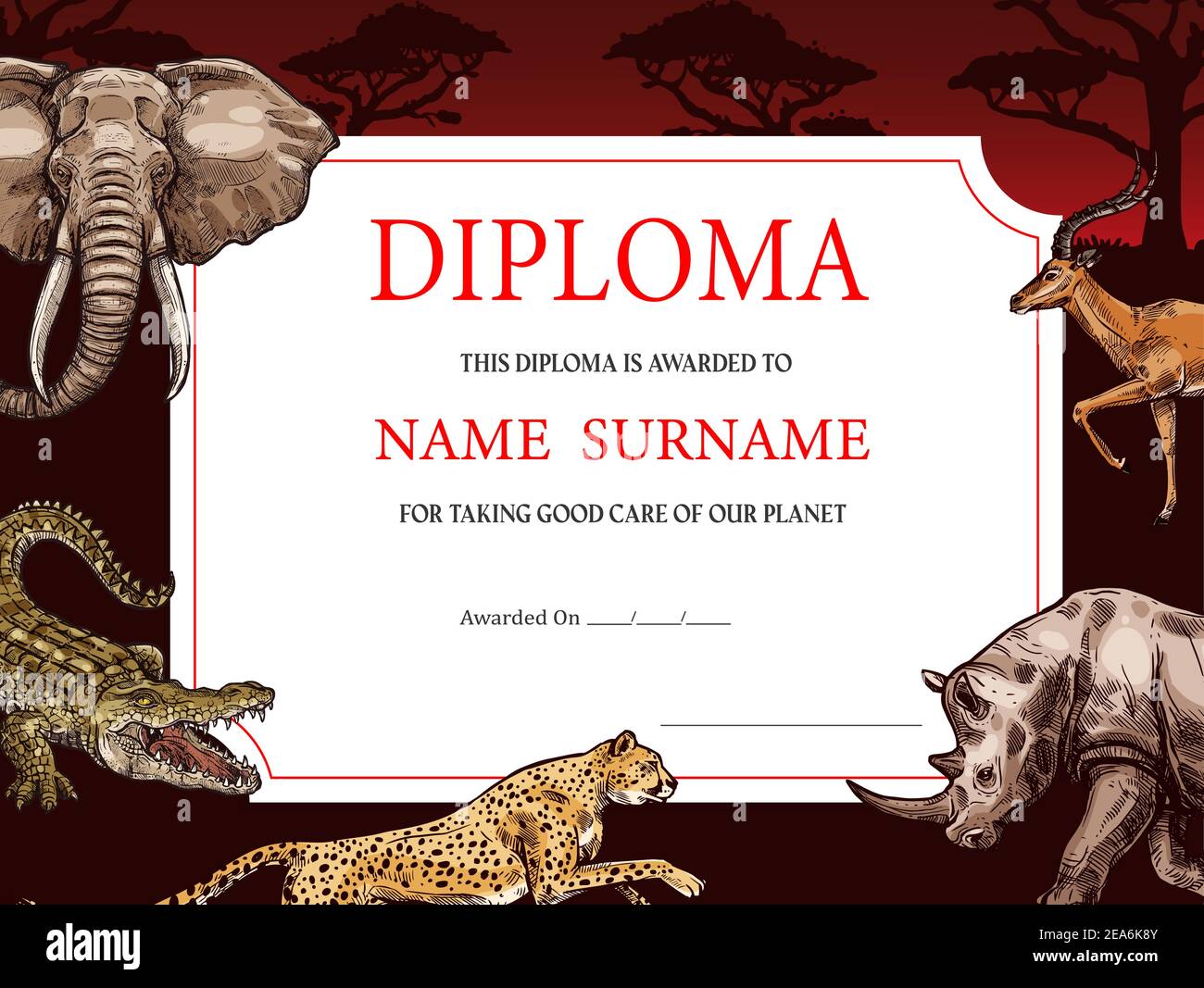 Diplôme avec des animaux sauvages africains croquis éléphant, guépard et antilope, rhinocéros et crocodile. Certificat de récompense pour le bien-être de notre planète Illustration de Vecteur