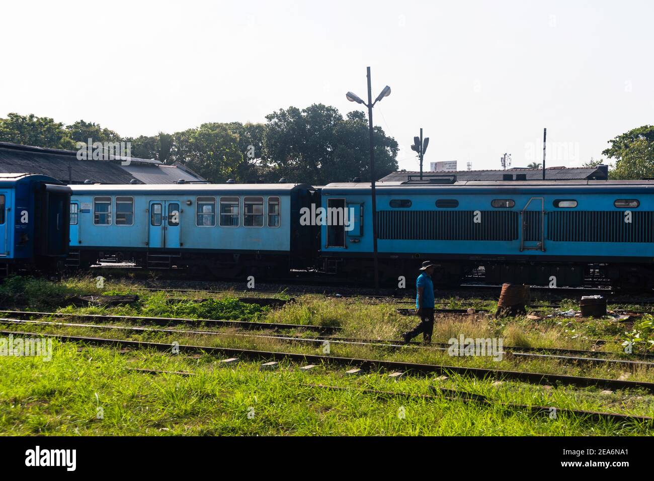 Chariot bleu d'un train de chemin de fer sri lankan traversant Colombo Banque D'Images