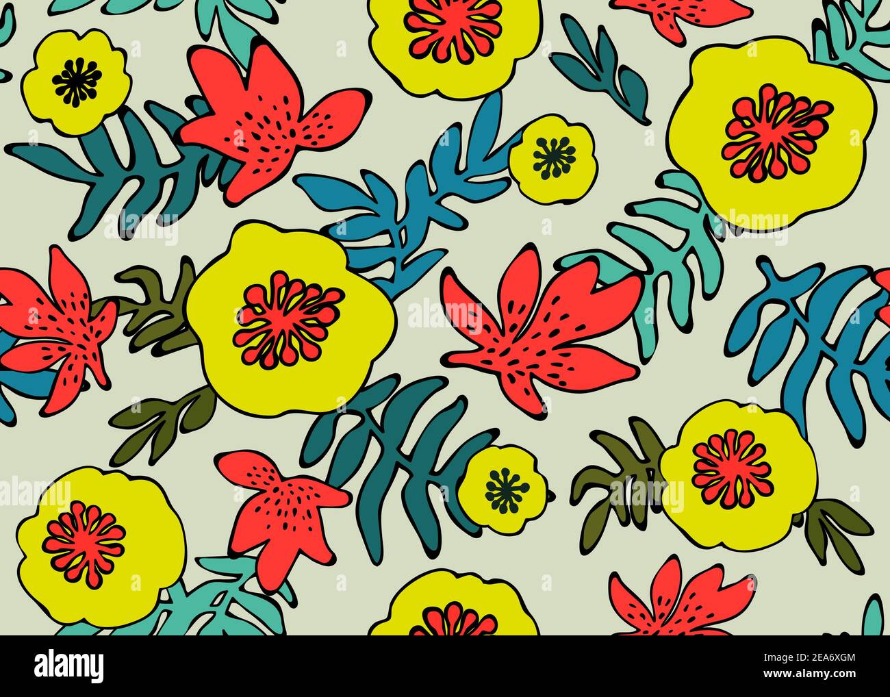 Motif tropical sans couture. Plantes tropicales et fleurs aux couleurs corail, sarcelle et jaune néon. Fond floral. Imprimé mode pour le textile, le tissu Illustration de Vecteur
