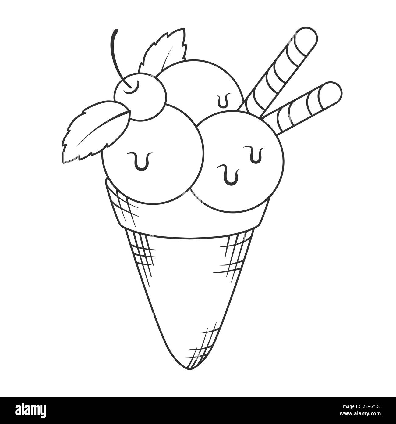 Décrivez les boules de crème glacée dans le cône de gaufres isolé sur fond blanc. Illustration vectorielle de dessin au trait. Illustration de Vecteur