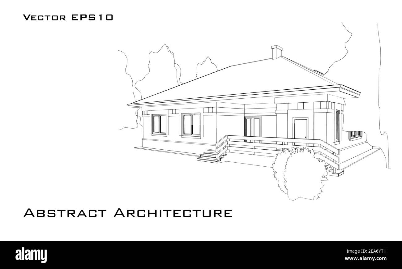 Arrière-plan architectural avec croquis de la maison. Vue en perspective du cottage. Illustration vectorielle noir et blanc. Illustration de Vecteur