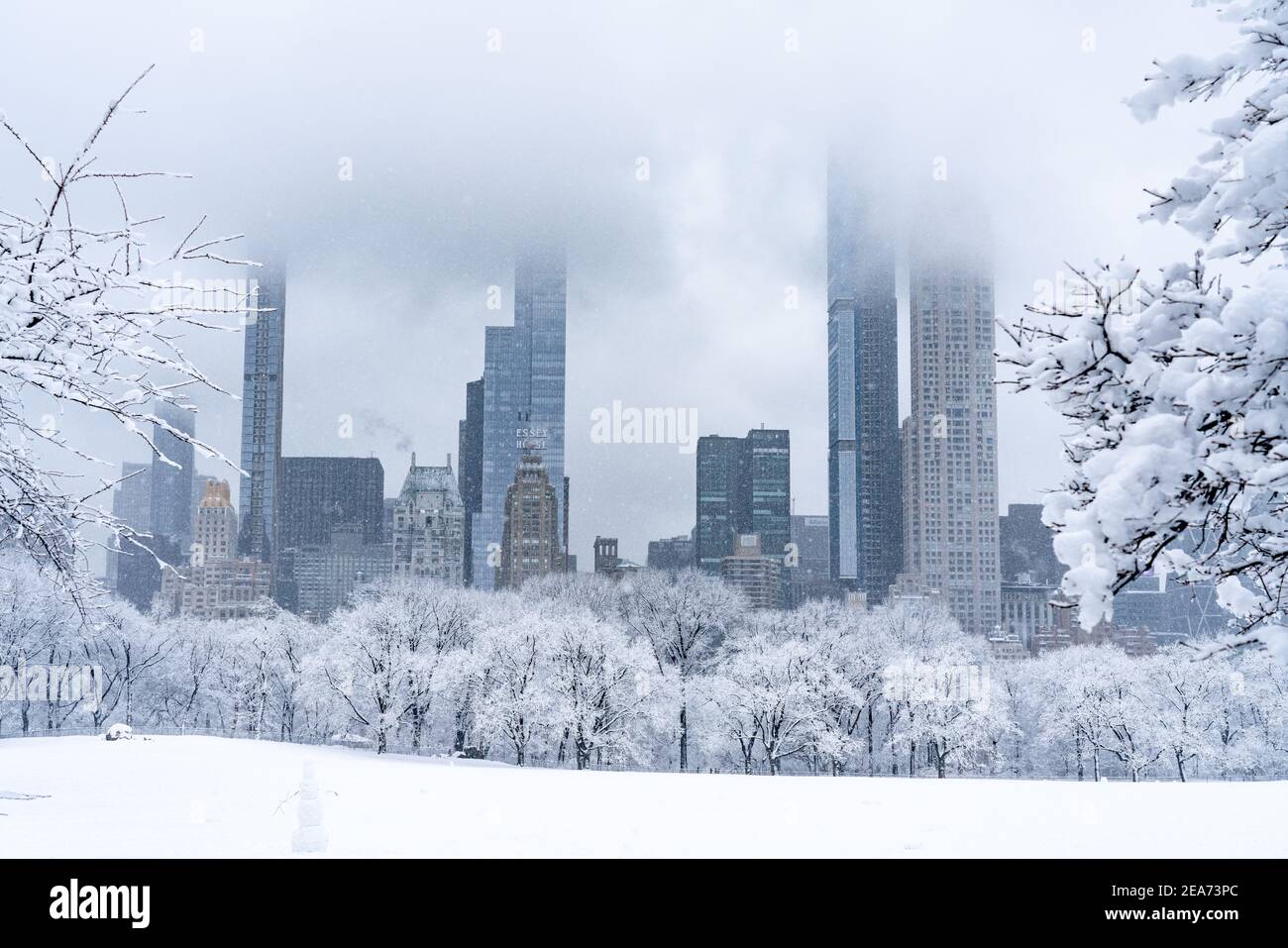 Videz Central Park pendant une belle tempête de neige avec vue sur la ville. Banque D'Images