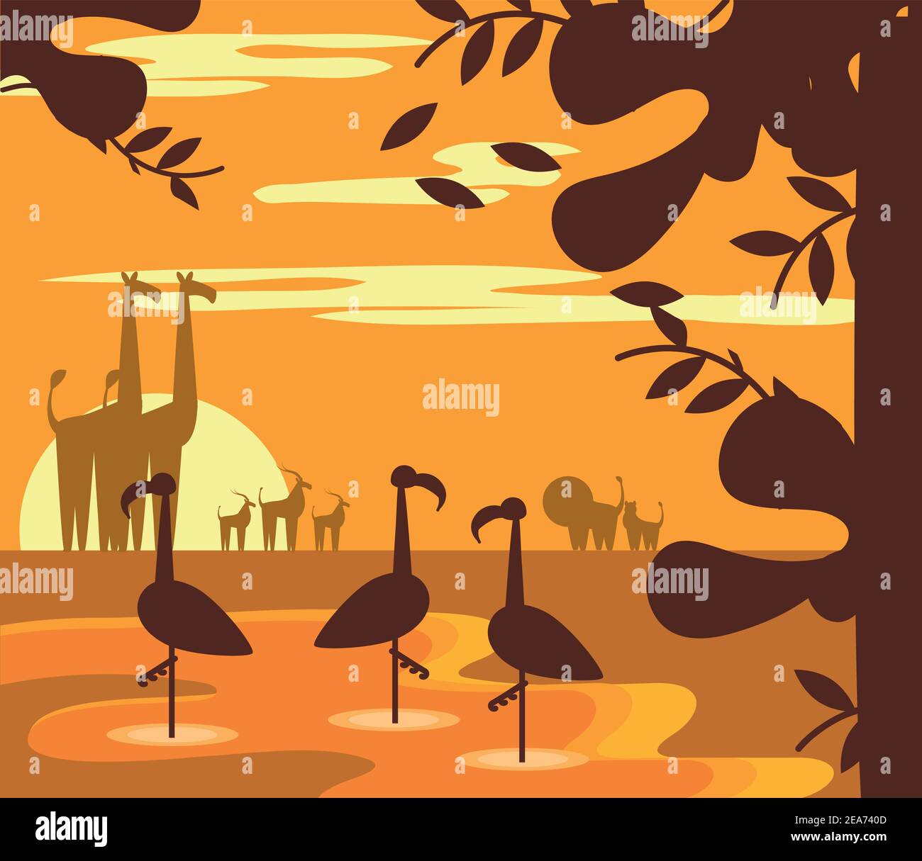animaux jungle coucher de soleil paysage dessin animé dans la silhouette vecteur illustration Illustration de Vecteur