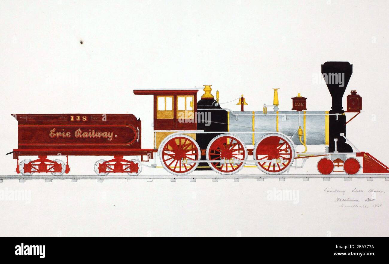 Illustration d'une locomotive colorée du XIXe siècle sur les rails sur fond blanc Banque D'Images