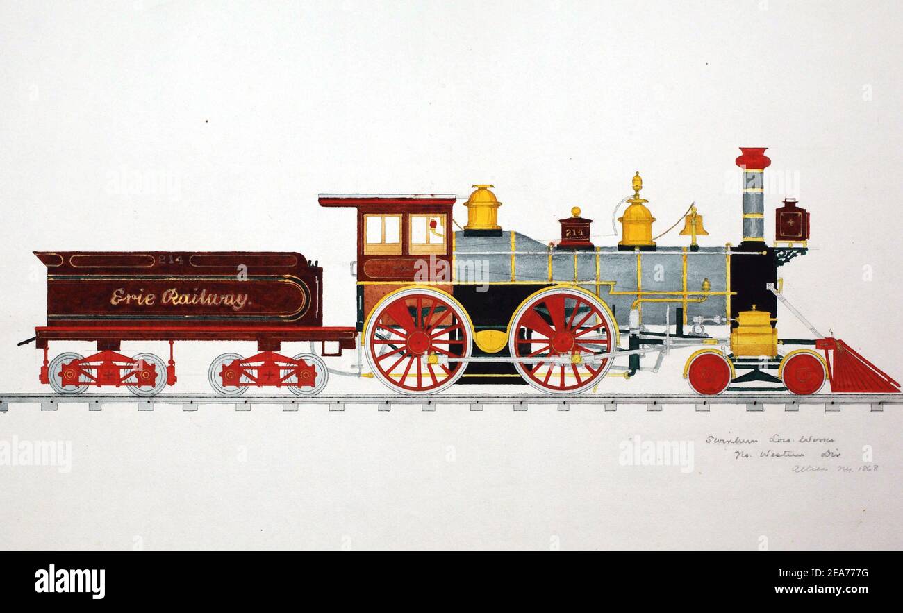 Illustration d'une locomotive colorée du XIXe siècle sur les rails sur fond blanc Banque D'Images
