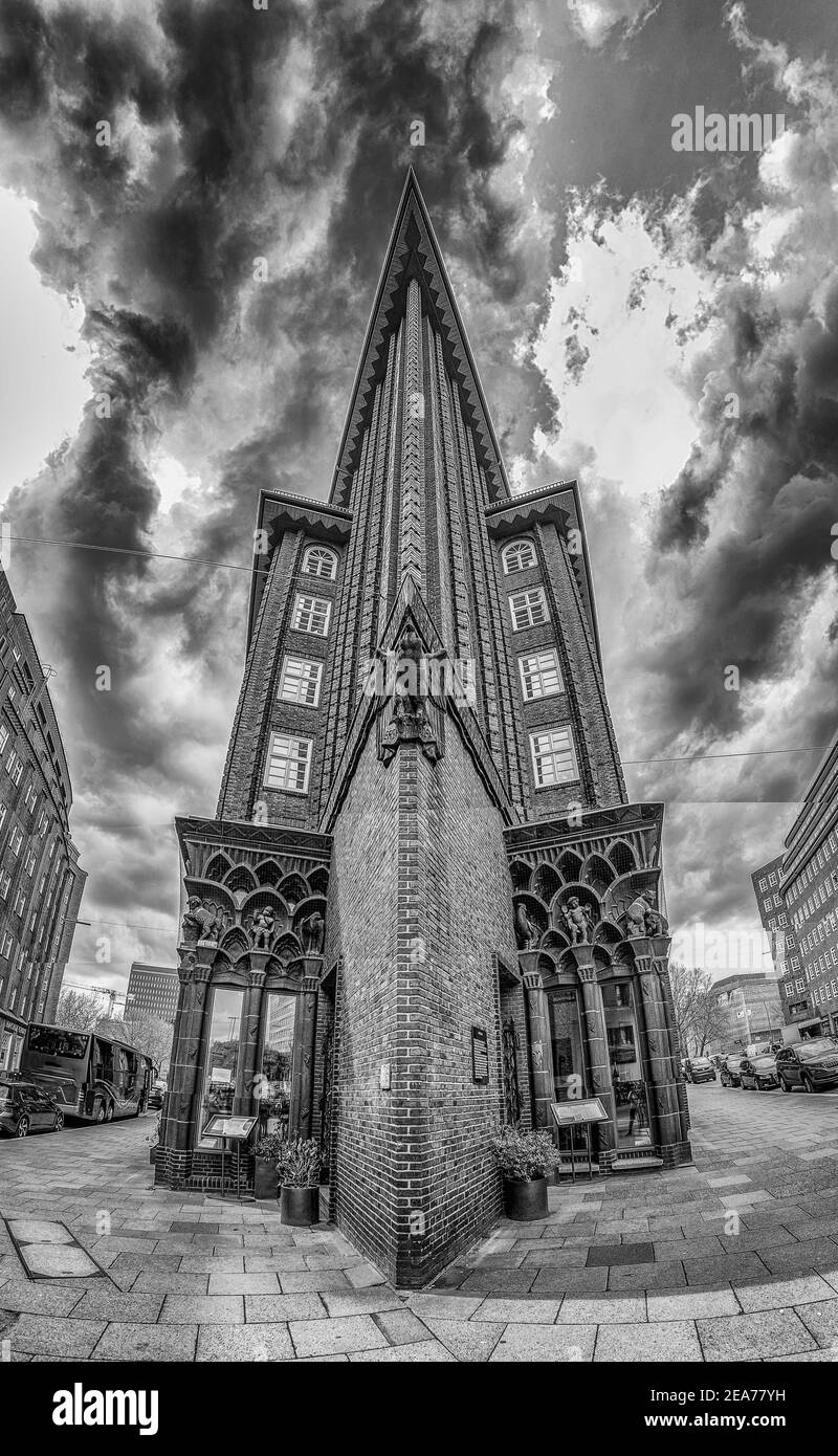 Hamburg Speicherstadt Chilehaus à blach et blanc Banque D'Images