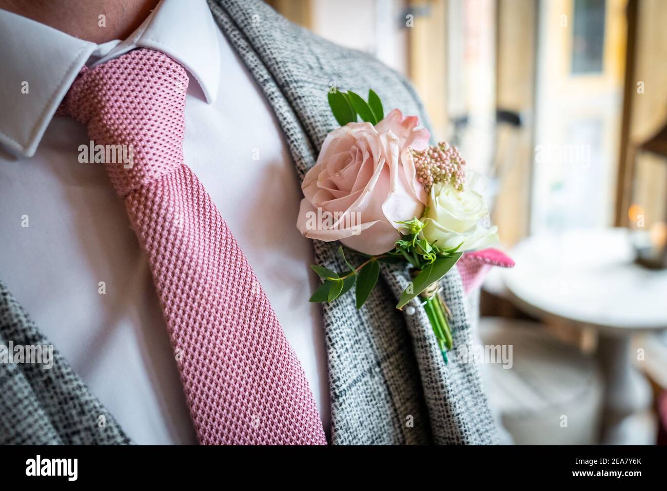 Gros plan de la boutonnière rose de mariage avec des feuilles vertes veste de costume pour les marié avec cravate assortie un look élégant le jour de la cérémonie Banque D'Images