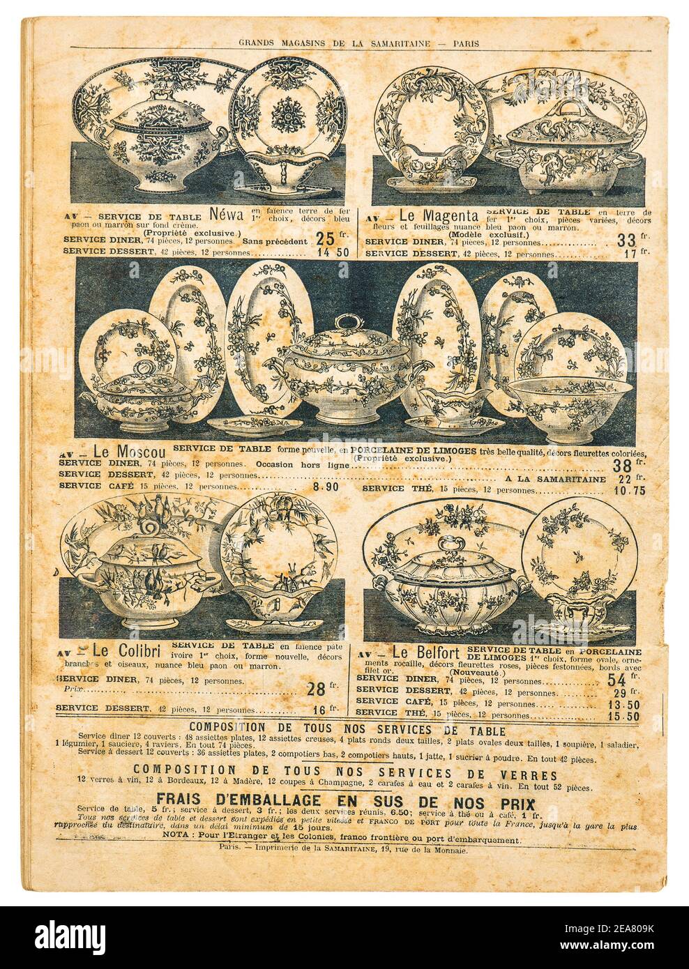 Plats victoriens d'époque et objets de collection. Publicité rétro boutique, page de catalogue très populaire Samaritaine, Paris, France, vers 1897 Banque D'Images