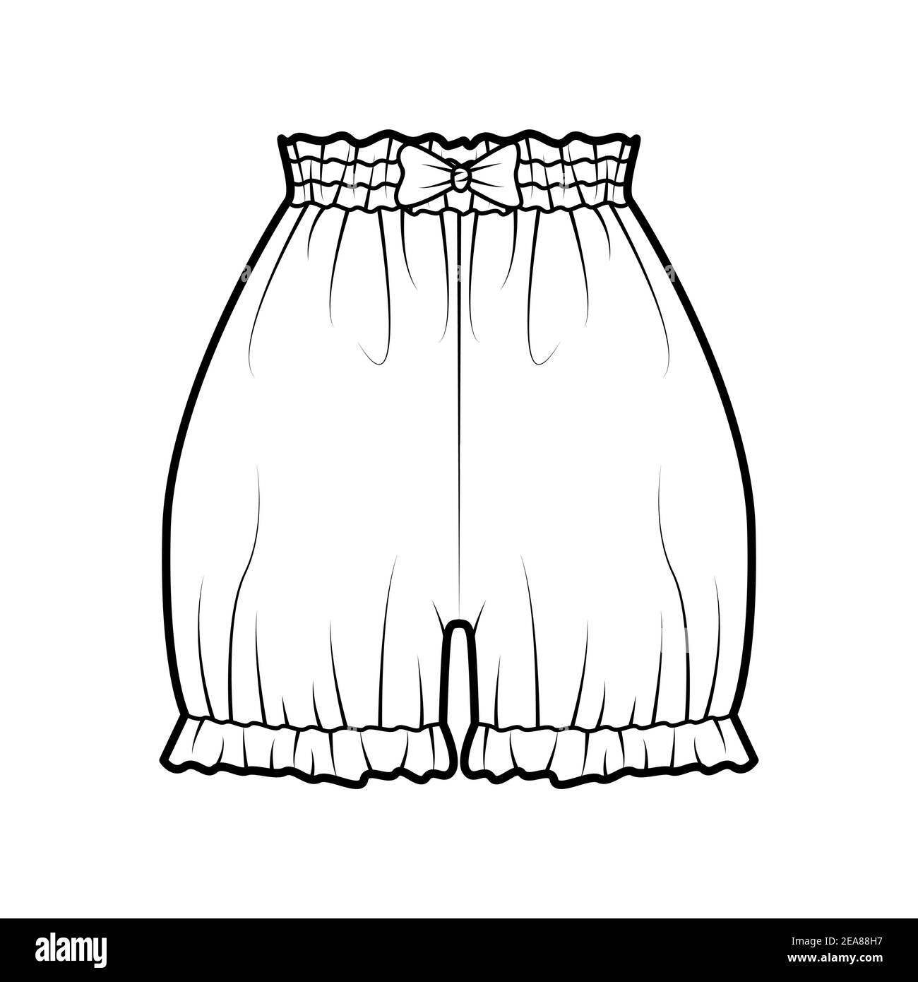 Short bloomers pantalon technique mode illustration avec noeud, mini longueur, taille normale, taille haute, froncé. Modèle de vêtement à fond plat sur le devant, style blanc. Femmes hommes unisexe CAD maquette Illustration de Vecteur