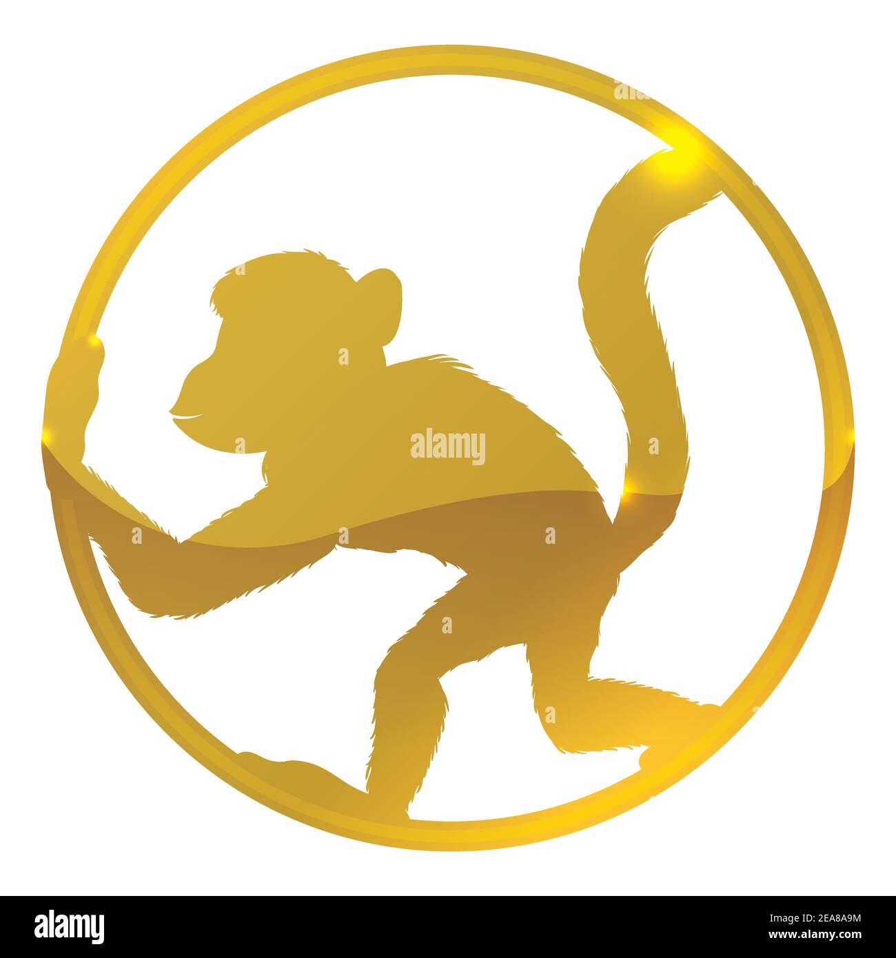 Silhouette de singe doré à l'intérieur d'un anneau rond, isolé sur fond blanc. Illustration de Vecteur