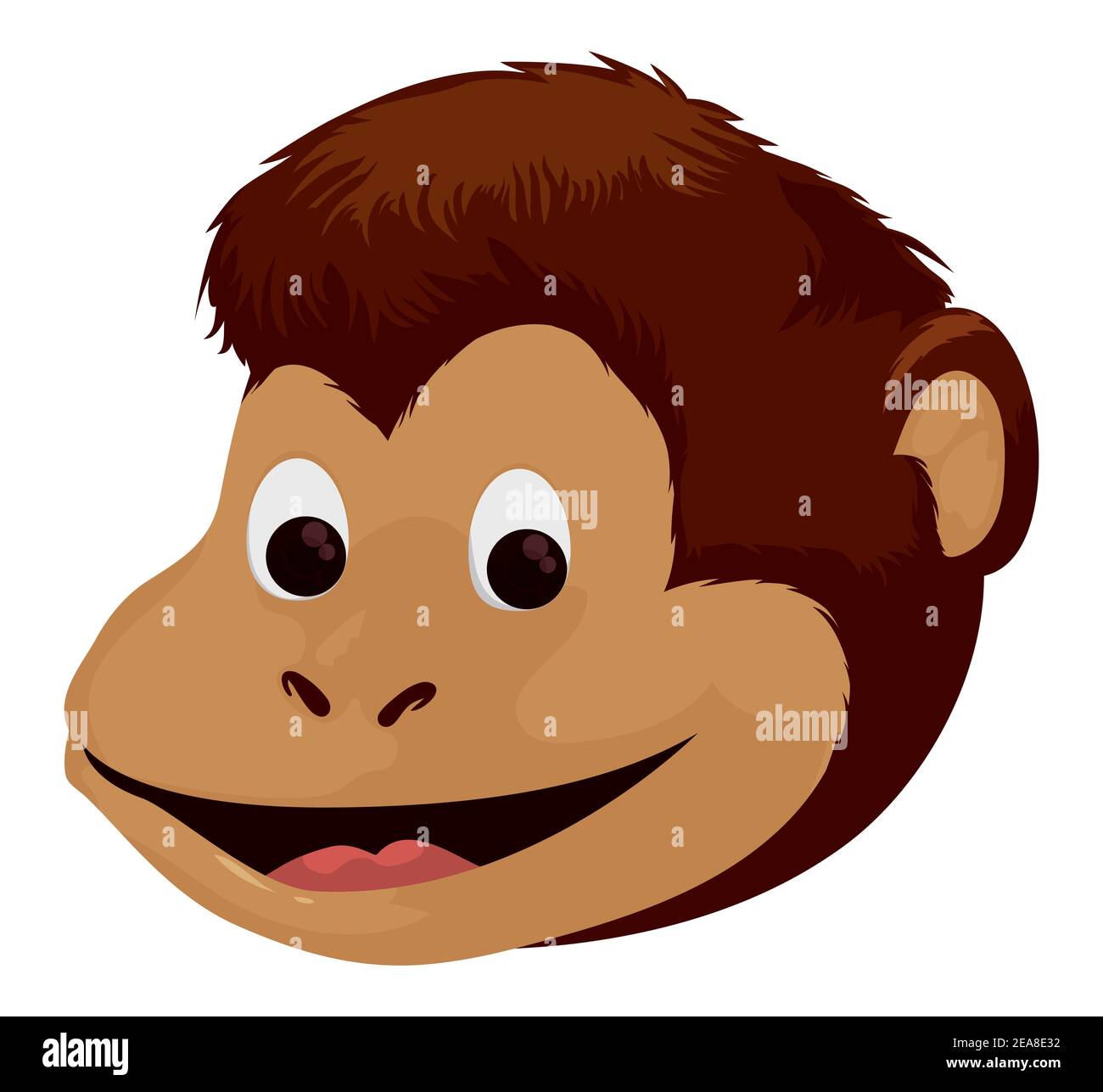 Tête de singe mignonne et souriante avec cheveux bruns, isolée sur fond blanc. Illustration de Vecteur
