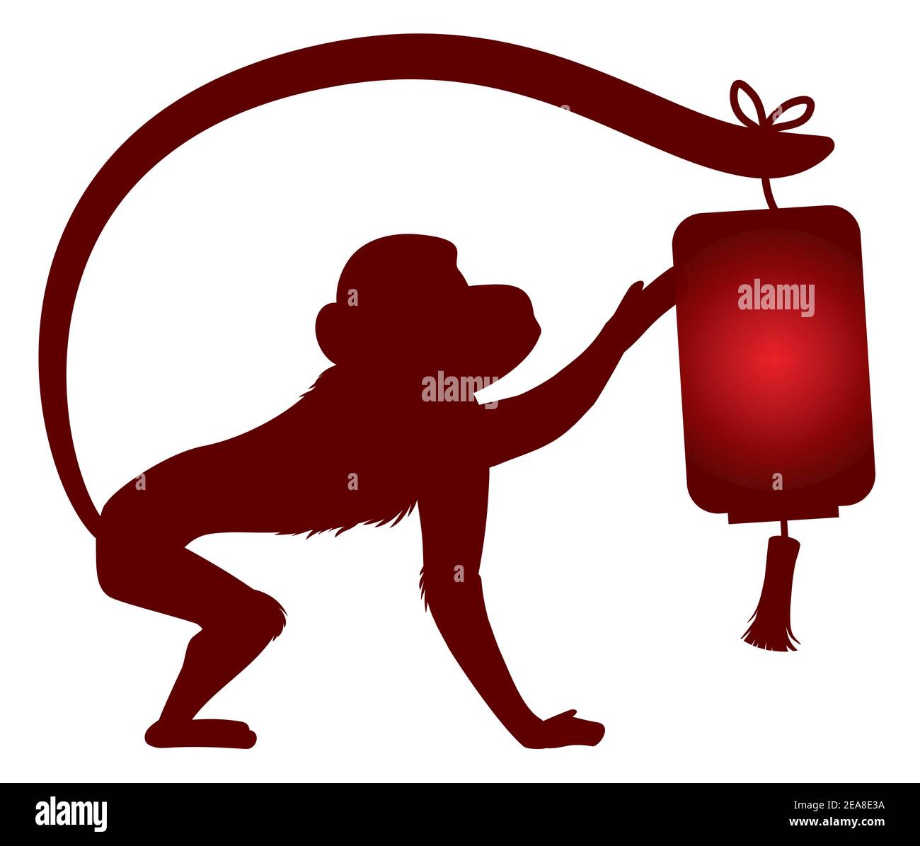Motif isolé avec lanterne chinoise accrochée à la queue d'un singe dans le style silhouettes. Illustration de Vecteur