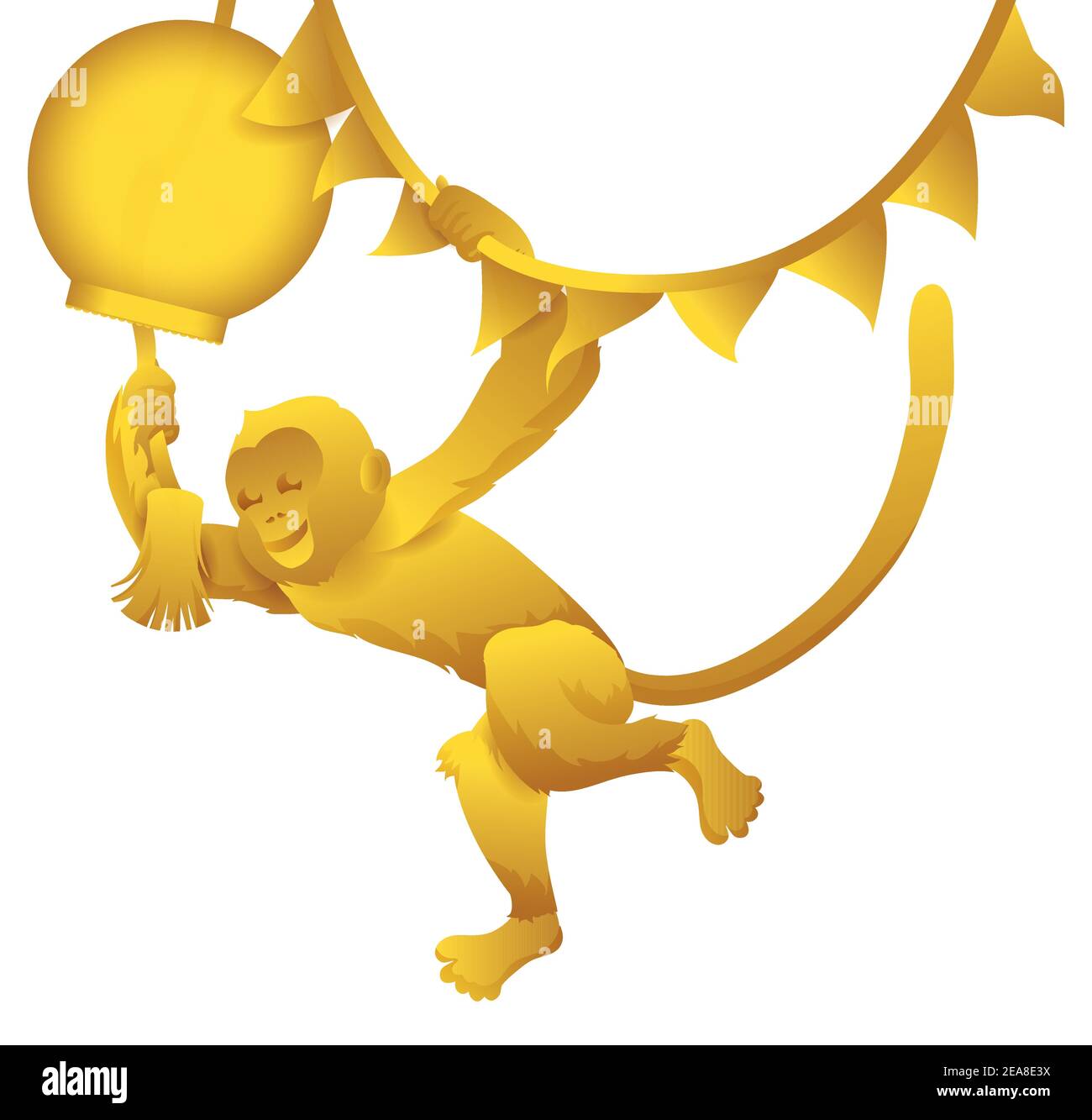 Motif doré avec singe drôle accroché d'une lanterne en papier et d'un pennant de fête, prêt à célébrer le nouvel an chinois. Illustration de Vecteur