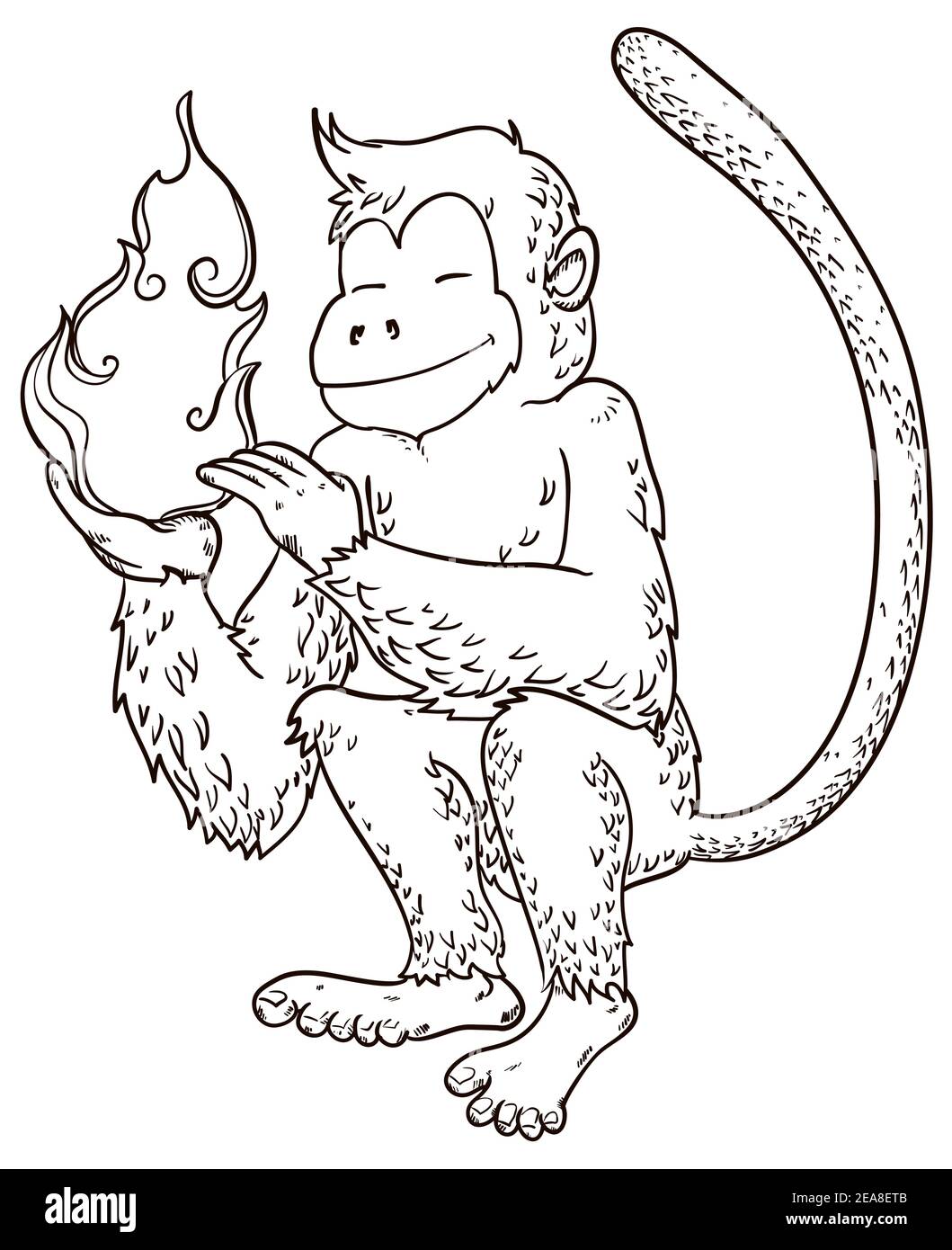 Singe de style main, tenant une flamme dans sa main, symbolisant l'élément pour cet animal chinois du zodiaque. Illustration de Vecteur
