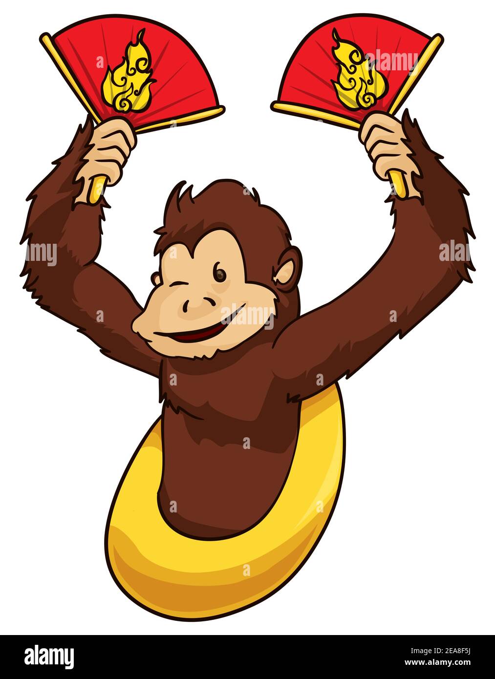 Singe isolé qui se vante à vous, tenant deux ventilateurs à main, décoré de symboles de feu. Illustration de Vecteur